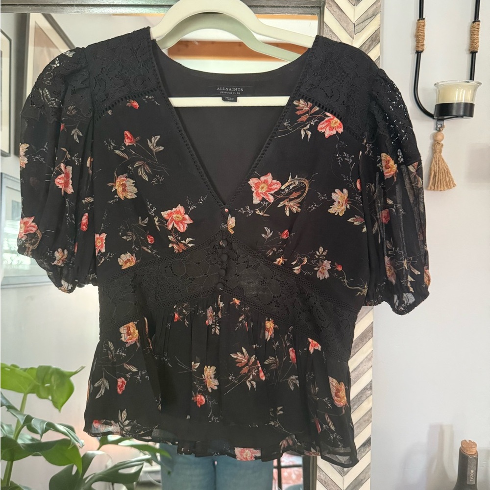 All Saints Black and Orange Puff Sleeve Peplum Blouse